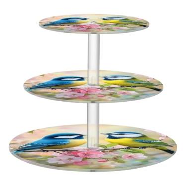 Imagem de CEBUGI Suporte de cupcake de 3 níveis, com pássaros coloridos, suporte redondo para bolo, torre, bandeja de servir em camadas de acrílico para chá, chá de bebê, casamento e mais