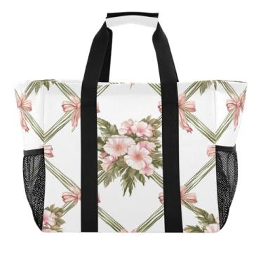 Imagem de Wassud Sacolas de compras reutilizáveis com laços e buquês grande bolsa organizadora de lona impermeável para praia, piquenique, lavanderia, viagem