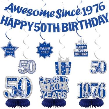 Imagem de Crenics Decorações azuis de aniversário de 50 anos para homens ou mulheres - Banner de feliz aniversário de 50 anos, banner incrível desde 1976, centros de mesa de favo de mel e redemoinhos pendurados