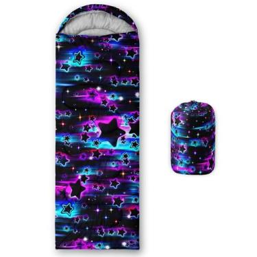 Imagem de QOOMO Sacos de dormir pretos à prova d'água para adultos e crianças, sacos de dormir impressos para acampamento, clima quente e frio de 3 estações, leve, viagens e ao ar livre, equipamentos de