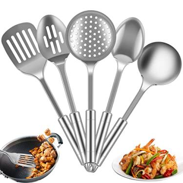 Imagem de Conjunto de 5 peças de utensílios de cozinha de aço inoxidável, conjunto de espátulas com alça ergonômica, colheres laváveis resistentes com orifício para pendurar, utensílios de cozinha reutilizáveis