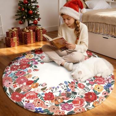 Imagem de Wonnitar Tapete lavável de área redonda de 1,2 m, tapetes florais de camélia vermelha para quarto de meninas, tapete de flor macio de pelo baixo para quarto de criança (vermelho, 1,2 m redondo)