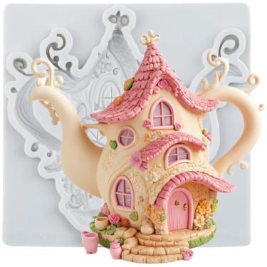 Imagem de MYPRACS Molde de silicone para fondant casa jardim bule de chá para decoração de bolo de açúcar topo de cupcake pasta de goma de chocolate argila polímero