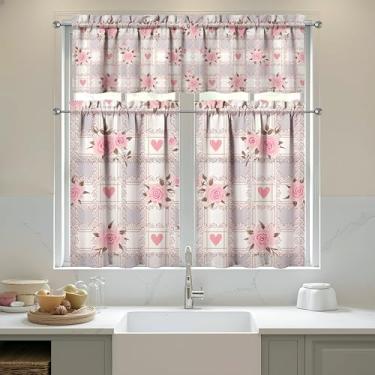 Imagem de sgqjdpmc Conjunto de 3 cortinas de cozinha com flores e sanefas para cozinha, janelas sobre a pia, decoração de casa de fazenda, 70 x 91 cm