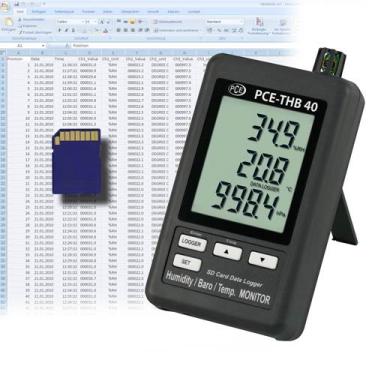 Imagem de PCE Instruments Medidor de umidade do ar PCE-THB 40, para monitoramento de clima interno, mede umidade (%UR), temperatura (°C/°F) e pressão barométrica, com ponto de orvalho, mínimo/máximo, alarme e