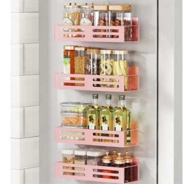 Imagem de Roysili Suporte magnético para temperos para geladeira, organizador de temperos de metal, prateleira magnética para geladeira, pacote com 4, rosa
