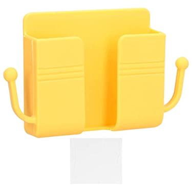 Imagem de Caixa de armazenamento montada na parede, organizador adesivo amarelo com gancho para controle remoto de telefone e suporte de plugue