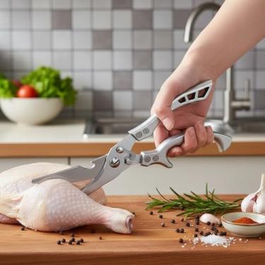 Imagem de Tesouras de cozinha, tesouras de aves domésticas com mola e borda serrilhada, tesoura de cozinha multiuso de aço inoxidável para cortar frango, peixe, ossos, carne