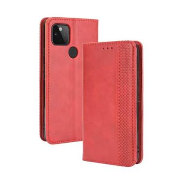 Imagem de Capa flip de couro para Google Pixel 4A 5G,Flip magnético retro,Caso de telefone de couro PU,Design de carteira com 3 slots de cartão e 1 clipe de dinheiro -Red