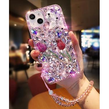 Imagem de Capa para Samsung Galaxy A36 Diamond Luxuosa Bling Glitter Bonito Strass Floral Flor Borboleta Capa Feita à Mão para Mulheres Meninas com Alça de Pulso de Cristal, Rosa