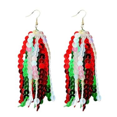 Imagem de Brincos pendentes de lantejoulas verdes vermelhas de Natal brilhantes verdes vermelhos e brancos com glitter, joias de festa de Natal presentes, 3 cm, Zinco, Sem pedra preciosa
