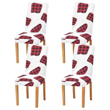 Imagem de ODAWA Capa de cadeira de jantar xadrez vermelho preto buffalo, capa de cadeira de sala de jantar, capas elásticas para cadeira de cozinha, conjunto de 4, capa removível lavável para casa, hotel