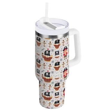 Imagem de Copo pirata Captain de 850 g com canudo e alça, copo com isolamento duplo com tampa 2 em 1
