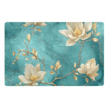 Imagem de ODAWA Tapete de porta frontal com flores de mármore azul-petróleo, entrada externa, 81 x 50 cm, tapete de lavanderia, suporte de borracha, capacho de boas-vindas com suporte TPE para decoração de casa