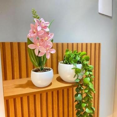 Imagem de Kit 2 Arranjos de Flores Artificiais Decorativas – Vaso Pendente com Eucalipto e Folhagem com Laço para Casa e Escritório (Rosa)