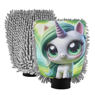 Imagem de ODAWA Luva de limpeza de carro de microfibra, luva de floresta de unicórnio de desenho animado para limpeza automotiva, 18 cm x 26 cm (pacote com 2)