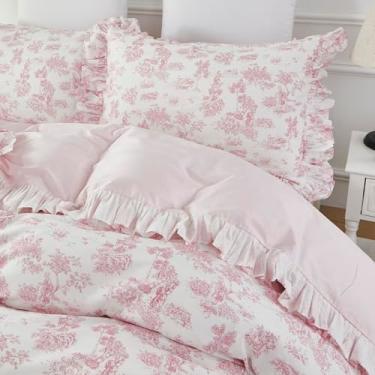 Imagem de Brandream French Country Toile Conjunto de capa de edredom tamanho solteiro para quarto de meninas mulheres vintage rosa toile estampa floral 100% algodão crianças edredom edredom capa de edredom