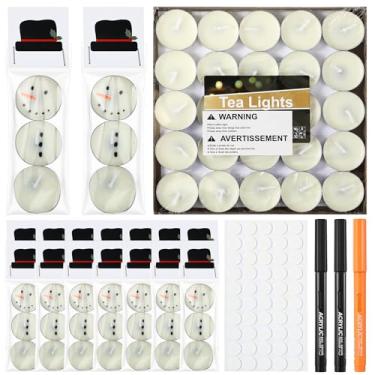 Imagem de Wovnet Conjunto de 16 velas de chá de boneco de neve de Natal, inclui 50 velas de tealight, 16 cartões, 16 sacos OPP, 3 canetas de tinta para decoração de casa de Natal, presentes de inverno