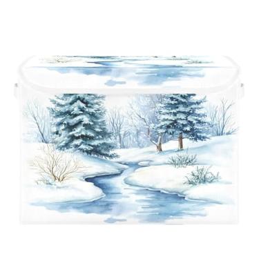 Imagem de Wassud Cestos de armazenamento dobráveis com tampas aquarela paisagem de inverno cestas organizadoras de tecido dobrável para armário, casa e decoração sazonal 41,5 x 32,5 x 39,5 cm x 29,5 cm