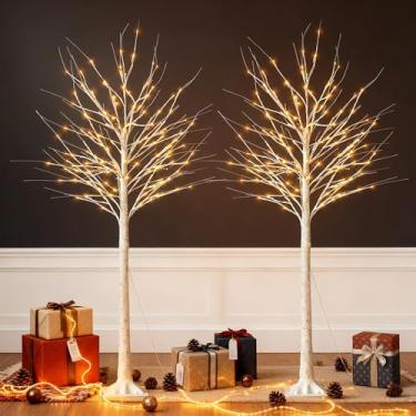 Imagem de Árvore de Natal de 1,8 m com luzes, decorações de Natal ao ar livre, árvore de bétula com 152 luzes LED e controle remoto, árvores iluminadas cintilantes para decoração de festa de Natal, 2 peças