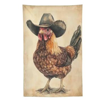 Imagem de Tapeçaria de parede galo em chapéu de cowboy decoração de animais de fazenda peculiar fundo bege arte rústica para sala de estar quarto aconchegante estilo country decoração de pendurar decoração