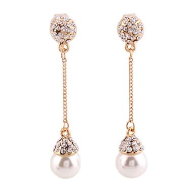 Imagem de Grace Jun Brincos longos de strass banhados a ouro e brincos de clipe sem piercing, Metal Pérola sintética Strass, Pérola sintética