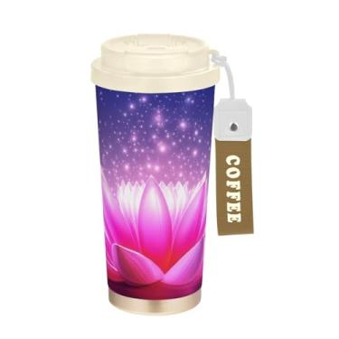 Imagem de TSENQUE Caneca de café de viagem de 473 ml com tampa de canudo e filp, copo de café de aço inoxidável à prova de vazamento para escritório, escola, festa, acampamento, flor de lótus rosa brilhante