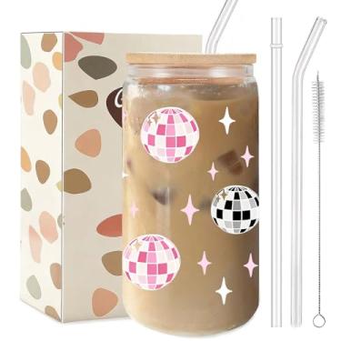 Imagem de TAGDANK Copo de vidro com glitter bola de discoteca rosa, copo fofo de 473 ml com tampa de plástico e canudos, xícara de café gelada brilhante para mulheres, ideia de presente de festa de aniversário
