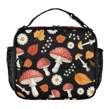 Imagem de Joisal Lancheira floral preta com cogumelos vermelhos para mulheres, meninas, lancheira com alça de ombro, masculina, crianças, lancheira para trabalho e adultos, linda bolsa térmica com flores