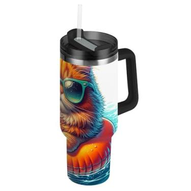 Imagem de Joisal Lindo copo de gato nadador com tampas e canudos Copo grande de 850 g com alça garrafa de água isolada de aço inoxidável carros caneca de café bebida quente
