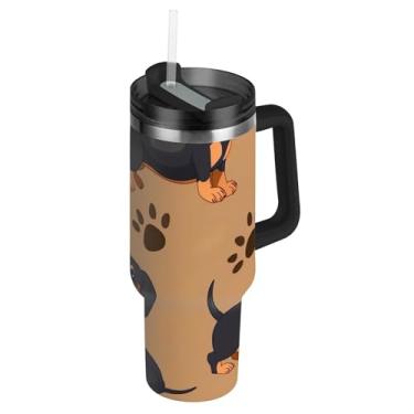 Imagem de Joisal Cute Dachshund Dog Brown Tumblers com tampa e canudo copo térmico de 850 g com alça garrafa de água isolada de aço inoxidável carros xícara de café bebida quente