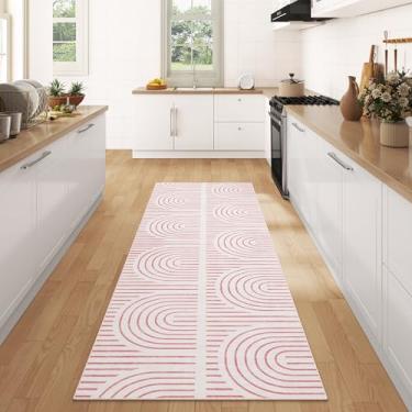 Imagem de ARKIIKI Tapetes de 5 x 15 cm para sala de estar, tapetes de área laváveis Boho para quarto, tapetes antiderrapantes de borracha para sala de jantar, casa, apartamento, rosa