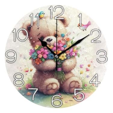 Imagem de GAIGEO Relógio de parede analógico decorativo estético silencioso sem tique-taque relógio de cozinha fofo, arte de parede boho, decoração de casa, urso fofo, desenho animado, 25 cm, ponteiros pretos