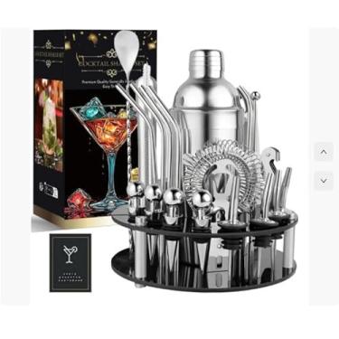 Imagem de GwqMDT Conjunto de coqueteleira de 30 peças, conjunto de coqueteleira de 740 ml, aço inoxidável, mixologia, bartender, com suporte giratório para bar em casa, conjunto de coquetéis, kit profissional