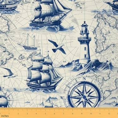 Imagem de Erosebridal Tecido náutico para uso ao ar livre por jarda, retrô, bússola oceânica, pássaro, farol, veleiro, mapa-múndi de aventura, decoração à prova d'água para costura acolchoada, 1 jarda, bege