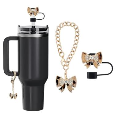 Imagem de Orehymbe Conjunto de acessórios leopardo compatível com copo Stanley de 850 g 1,134 g com alça, incluindo tampa de palha reutilizável de 10 mm e pingente de corrente fofo (laço)