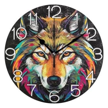 Imagem de GAIGEO Relógio de parede analógico decorativo relógio de cozinha rústico estético silencioso sem tique-taque, decoração de parede retrô moderna art déco, colorido cabeça de lobo legal, preto, 25 cm