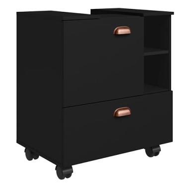 Imagem de Gabinete Armário Banheiro Pia Coluna Seul com Rodízios 2 Compartimentos, Armazenamento Fácil, Design Compacto para Banheiro e Lavabo Famílias e Apartamentos(Preto)