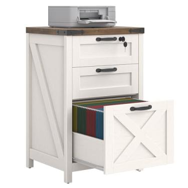 Imagem de Halitaa Arquivo pequeno com 3 gavetas, armário de arquivo vertical para casa de fazenda, tamanho A4, arquivos de madeira sob a mesa para escritório em casa, suporte de impressora, branco e cadeado
