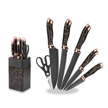 Imagem de Jogo de Facas Inox Gourmet 6 Peças Profissional Cozinha Luxuoso com Tesoura e Descascador (ouro negro)