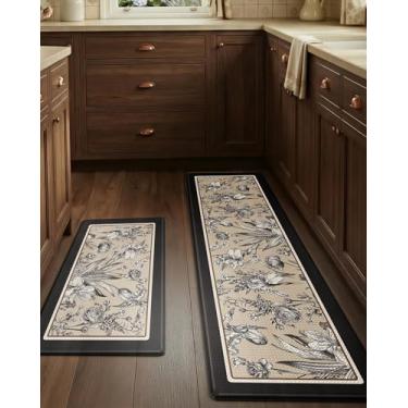 Imagem de LUMI Conjunto de 2 tapetes de cozinha antifadiga, acolchoados, confortáveis, à prova d'água, 2 peças, corredor de espuma ergonômico antiderrapante para pia, lavanderia, escritório e casa, 17 x 29 + 17