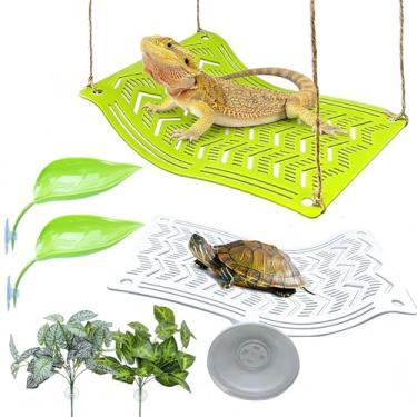 Imagem de Gxsdj 2 peças de rede de dragão barbudo, plataforma de tartaruga com ventosas, espreguiçadeira de lagarto com decorações de folhas de tanque de sapo, redes de répteis, acessórios de escalada para