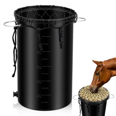 Imagem de LemonRoad Conjunto de alimentador lento de feno para cavalos, balde de plástico durável com rede de feno, alça ajustável e plugue de drenagem, ideal para saúde digestiva equina, tempo de alimentação