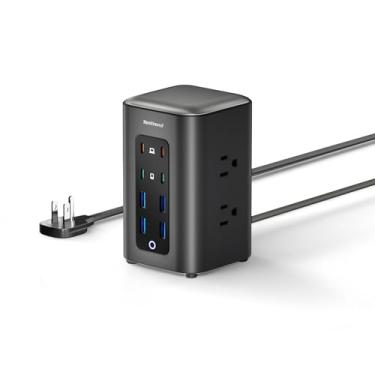 Imagem de TenTrend - Torre de régua elétrica, cabo de extensão de 1,5 m com 6 tomadas, 8 USB (4 USB C), torre de carregamento de vários dispositivos 1250W/10A, proteção contra surtos