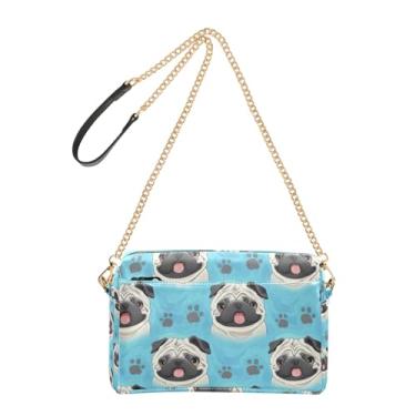 Imagem de Joitme Bolsa feminina transversal para telefone fofa cachorro pug azul desenho animado PU couro PU bolsa de ombro com alça de corrente