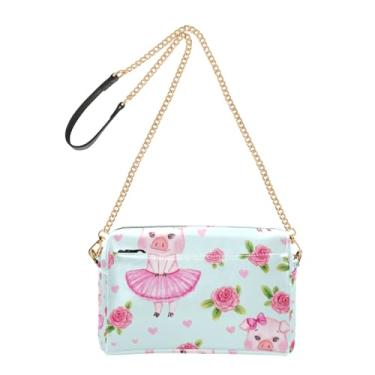 Imagem de Joitme Bolsa de ombro feminina tiracolo fofa porco rosa azul floral bolsa para celular bolsa de ombro com alça de corrente de couro PU