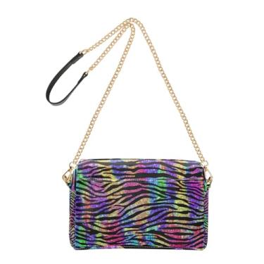 Imagem de Bolsa de ombro feminina transversal para celular linda bolsa de ombro de couro PU alça de corrente arco-íris glitter estampa zebra