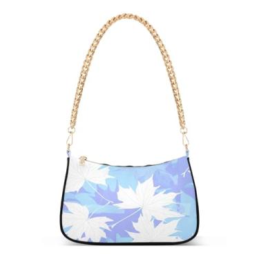 Imagem de Bolsa de ombro de corrente branca clara azul pastel com folhas de bordo, bolsa feminina Hobo, bolsa média moderna para uso diário ou noite