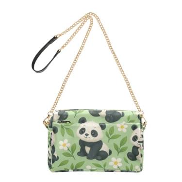Imagem de Linda bolsa feminina verde Pandas com desenho animado bolsa transversal para telefone bolsa de ombro de couro PU com alça de corrente