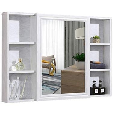 Imagem de Armário espelhado montado na parede, armazenamento moderno de porta única, organizador de armazenamento de medicamentos multiuso, moldura de madeira para banheiro, branco, natural, marrom. (branco 110